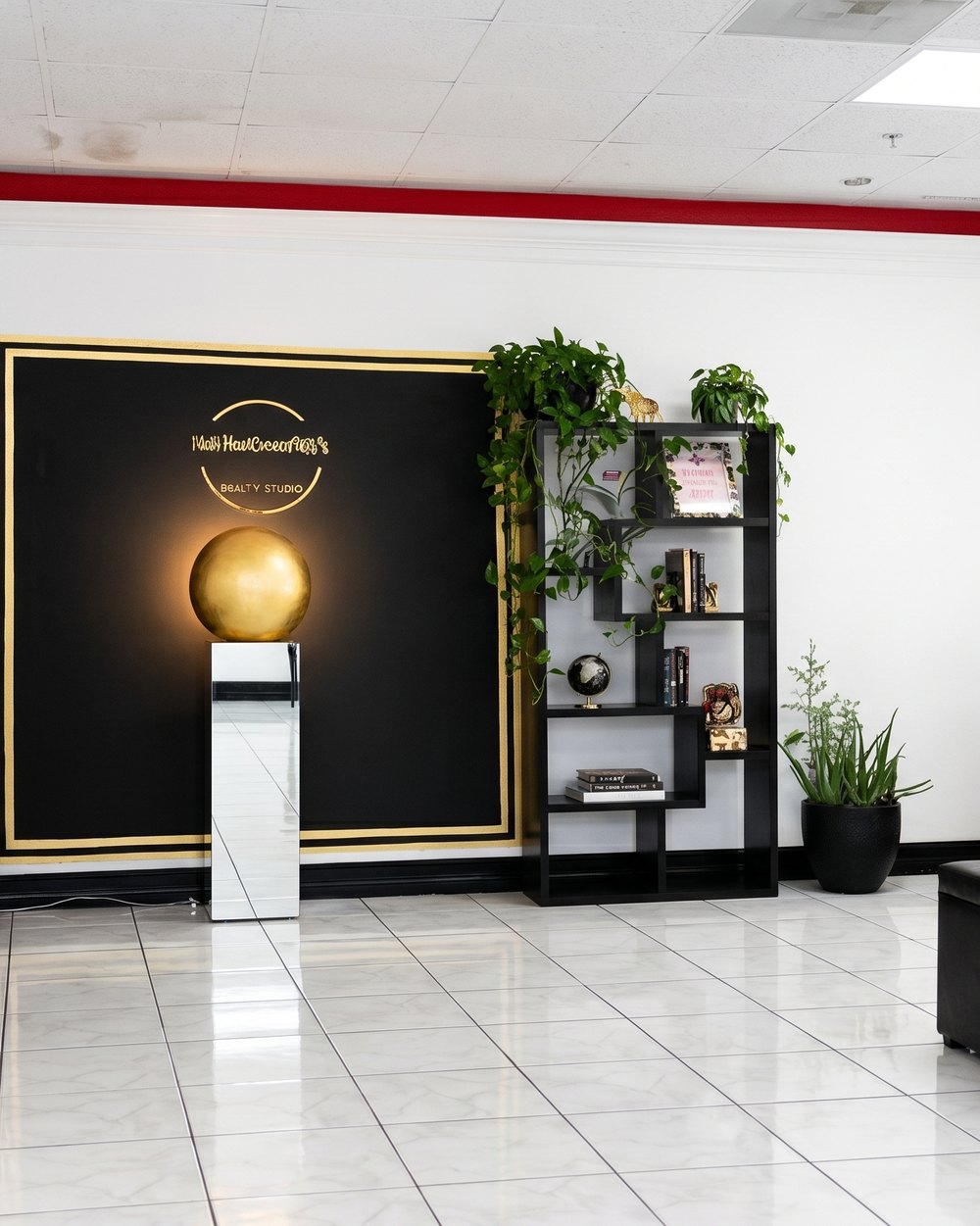 The gold M&M wall inside Hair Creations M&M studio, Bayshore Arts District, East Naples FL