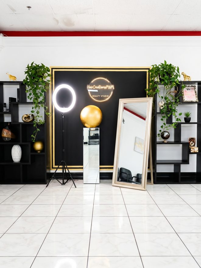 Bright styling booth at Hair Creations M&M studio, Naples FL
