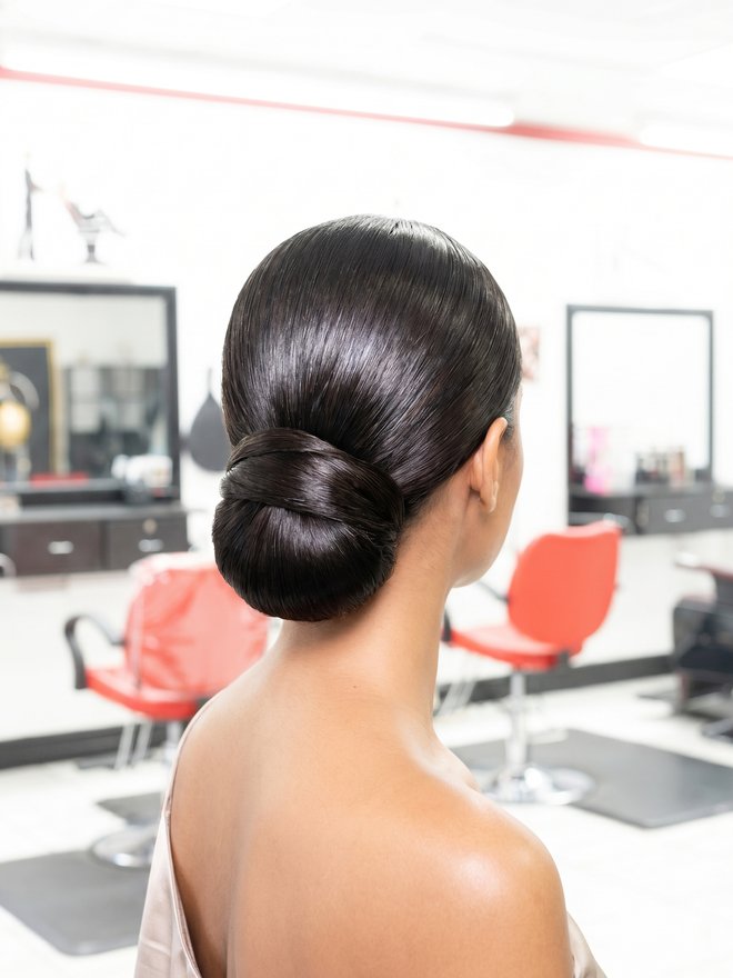 Elegant sleek event updo, Naples bridal and quinceañera hair